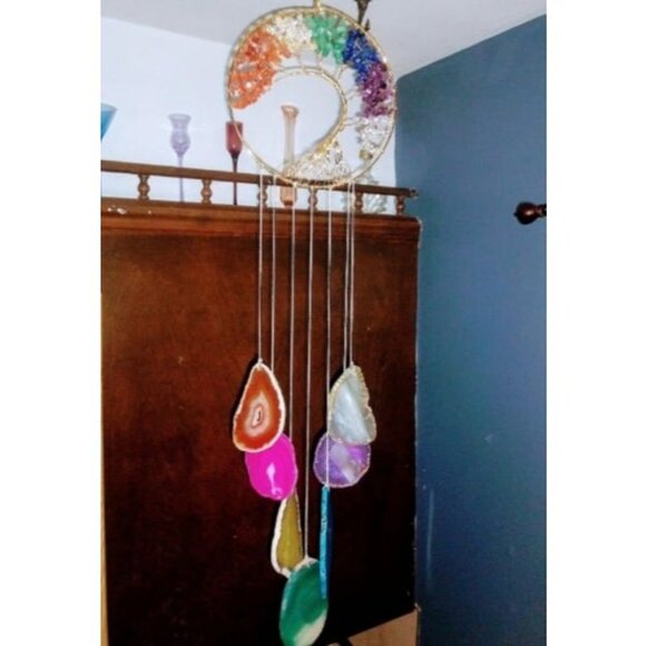 Tree of Life Agate Slice Wind Chime, Handmade 7 Chakra Stone Healing Crystal - Picture 2 of 3